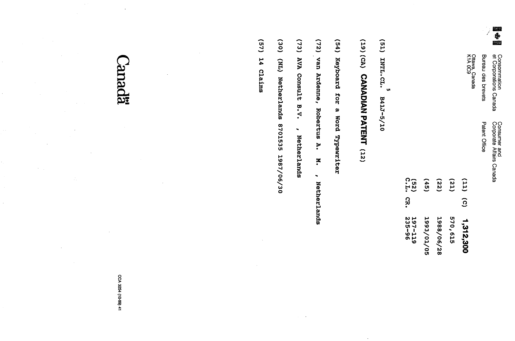 Canadian Patent Document 1312300. Cover Page 19931116. Image 1 of 1