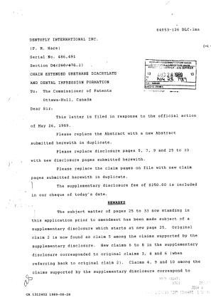 Document de brevet canadien 1312402. Correspondance de la poursuite 19890828. Image 1 de 2