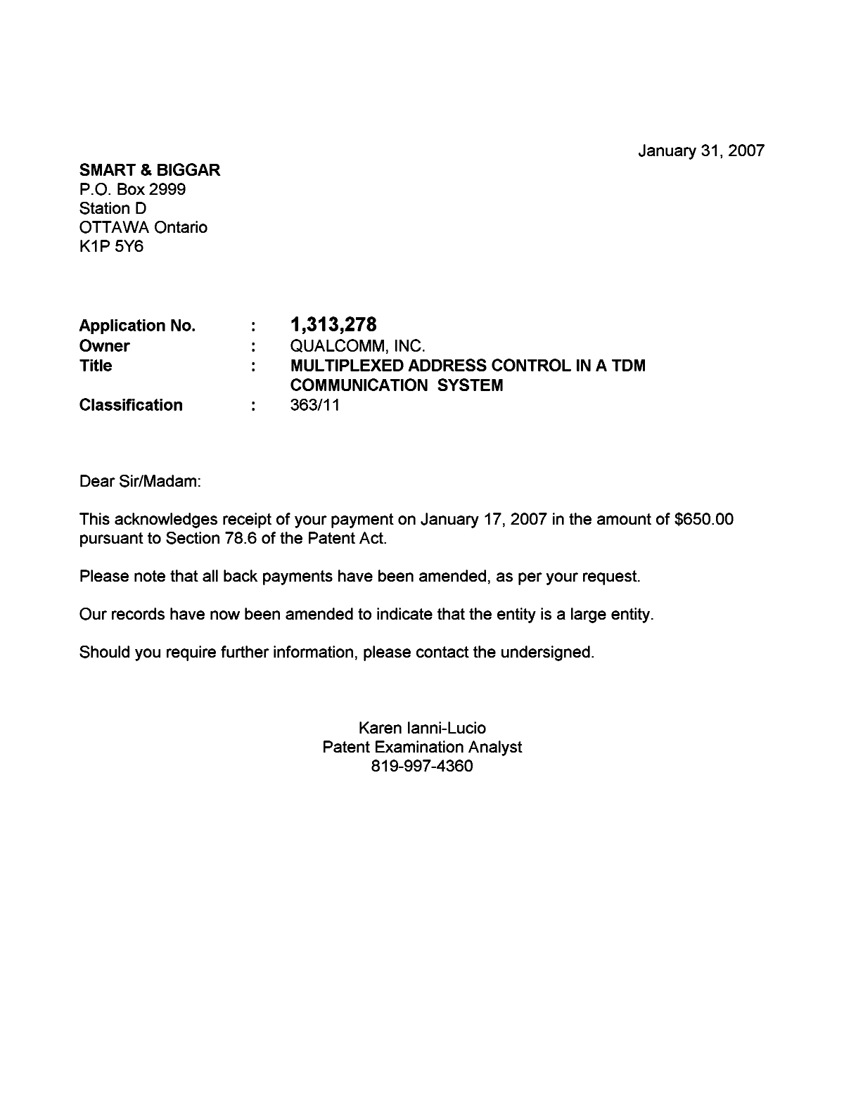 Document de brevet canadien 1313278. Correspondance 20070131. Image 1 de 1