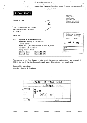 Document de brevet canadien 1314446. Taxes 19960301. Image 1 de 1