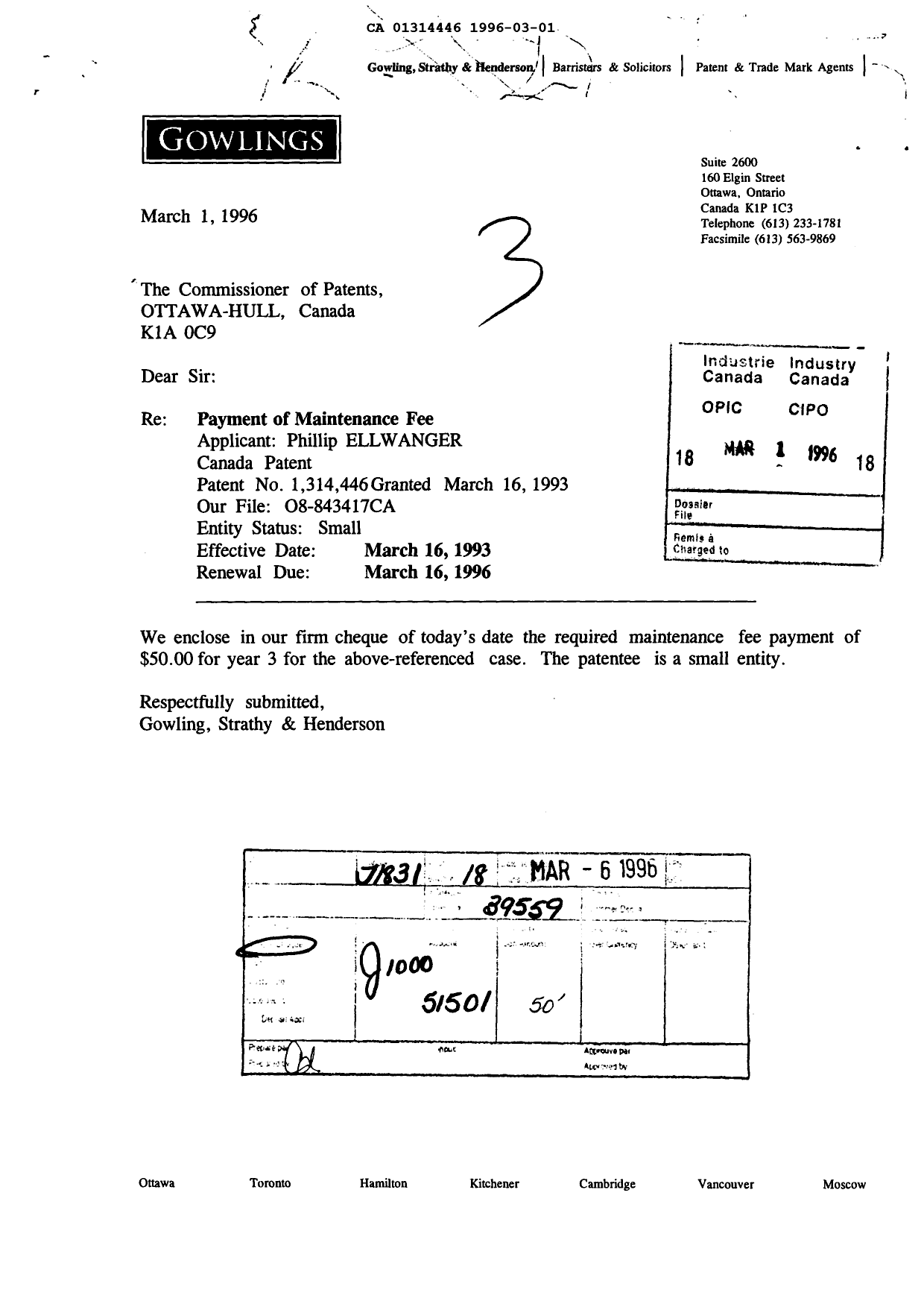Canadian Patent Document 1314446. Fees 19960301. Image 1 of 1