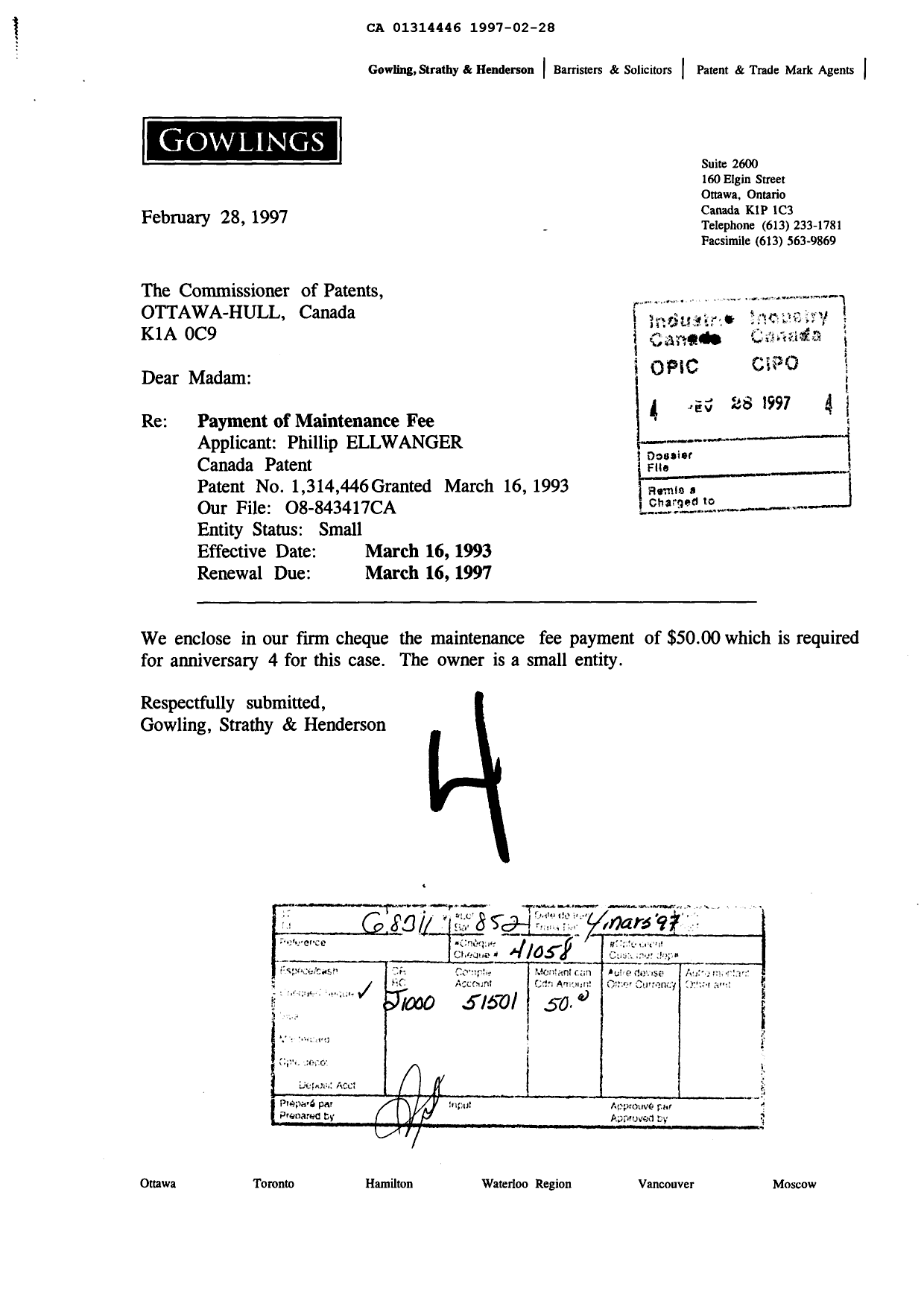 Document de brevet canadien 1314446. Taxes 19970228. Image 1 de 1