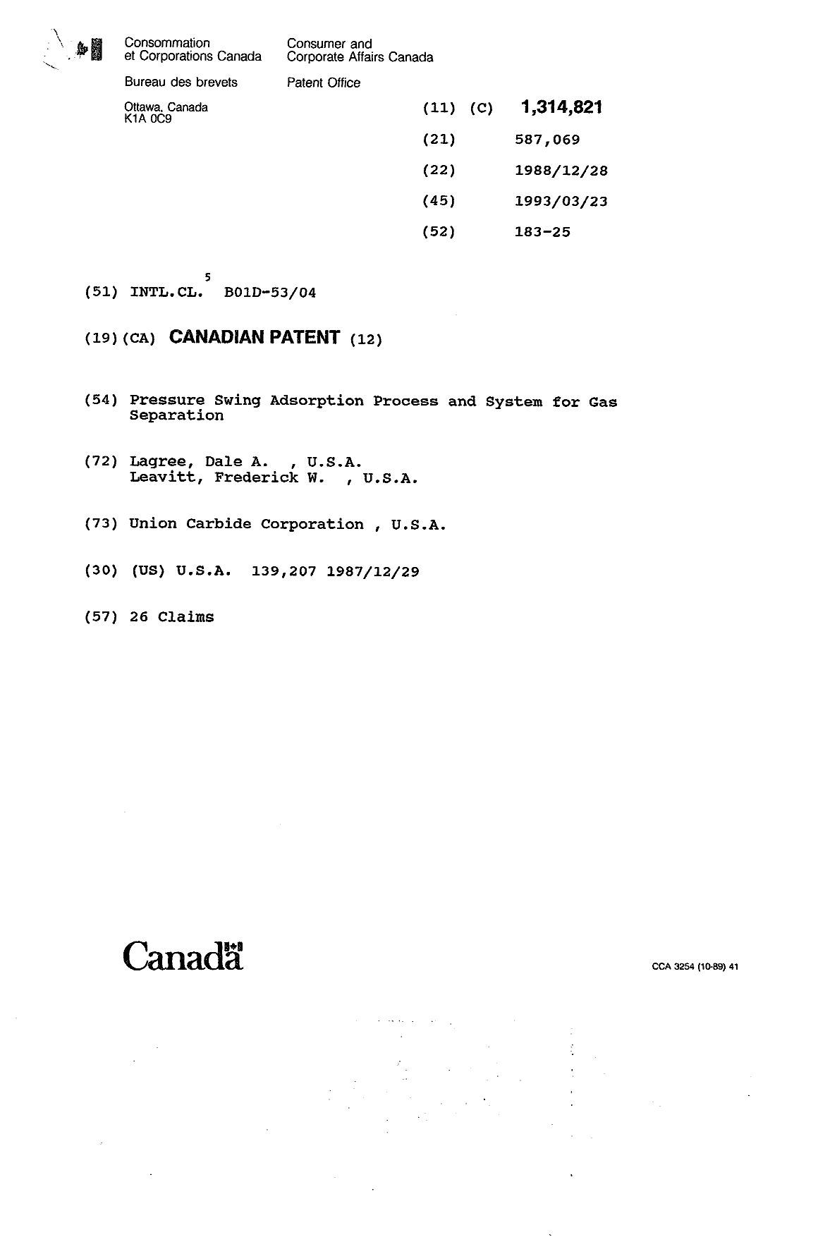 Document de brevet canadien 1314821. Page couverture 19931110. Image 1 de 1