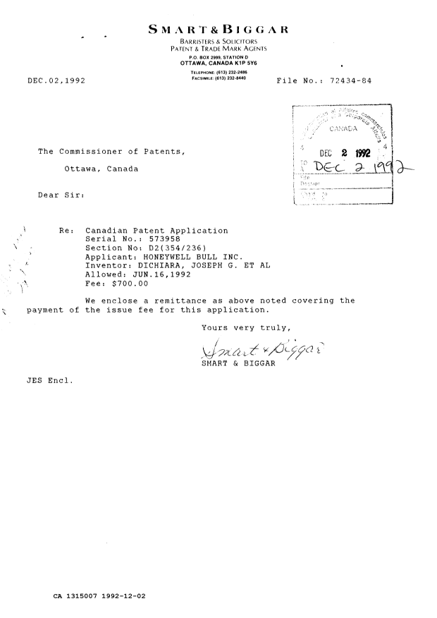 Document de brevet canadien 1315007. Correspondance reliée au PCT 19921202. Image 1 de 1