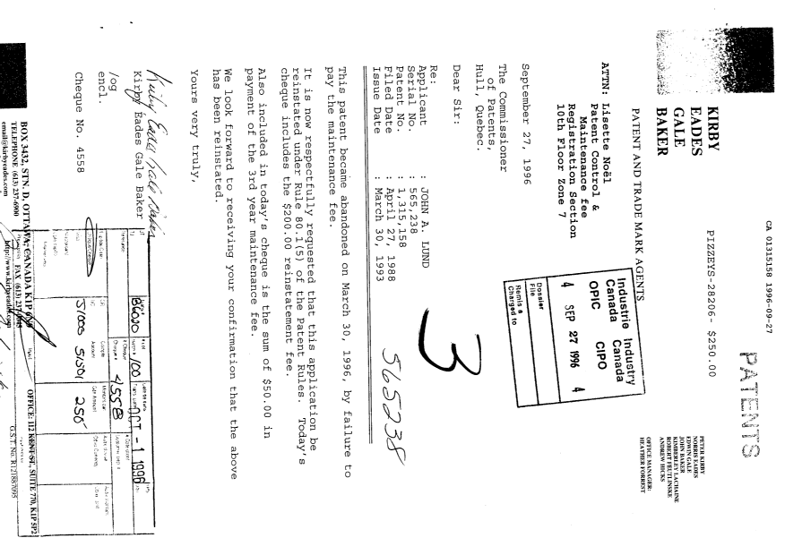 Document de brevet canadien 1315158. Taxes 19960927. Image 1 de 1