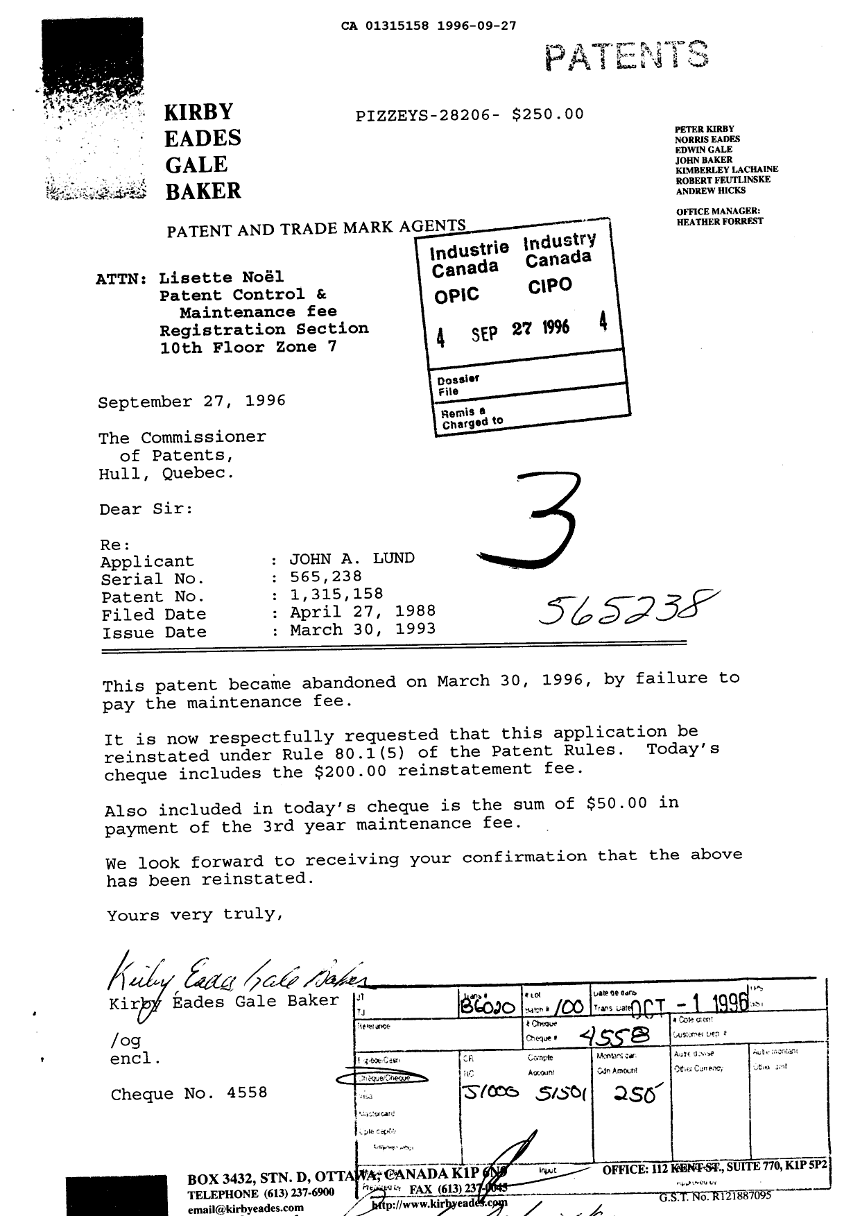Document de brevet canadien 1315158. Taxes 19960927. Image 1 de 1