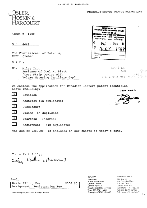 Document de brevet canadien 1315181. Cession 19880309. Image 1 de 2
