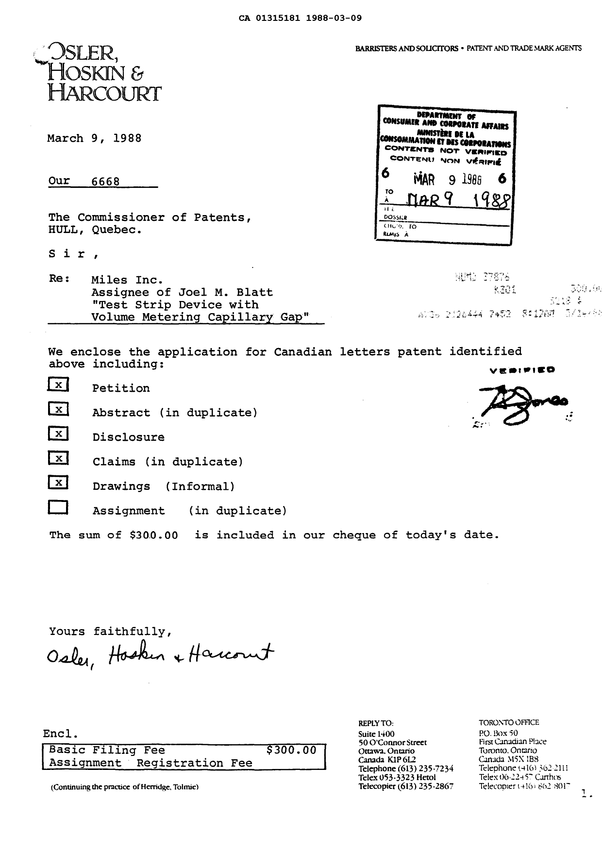 Canadian Patent Document 1315181. Assignment 19880309. Image 1 of 2
