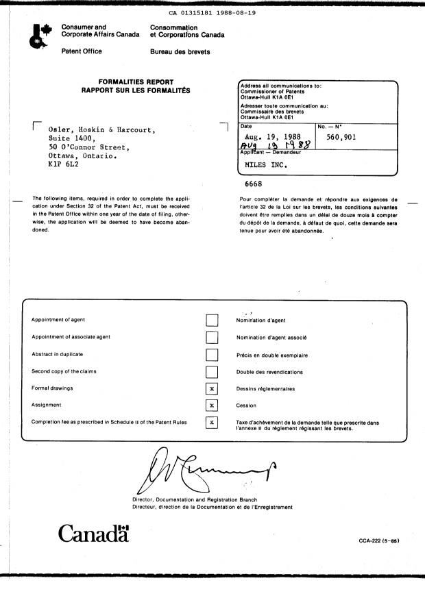 Document de brevet canadien 1315181. Correspondance 19880819. Image 1 de 1