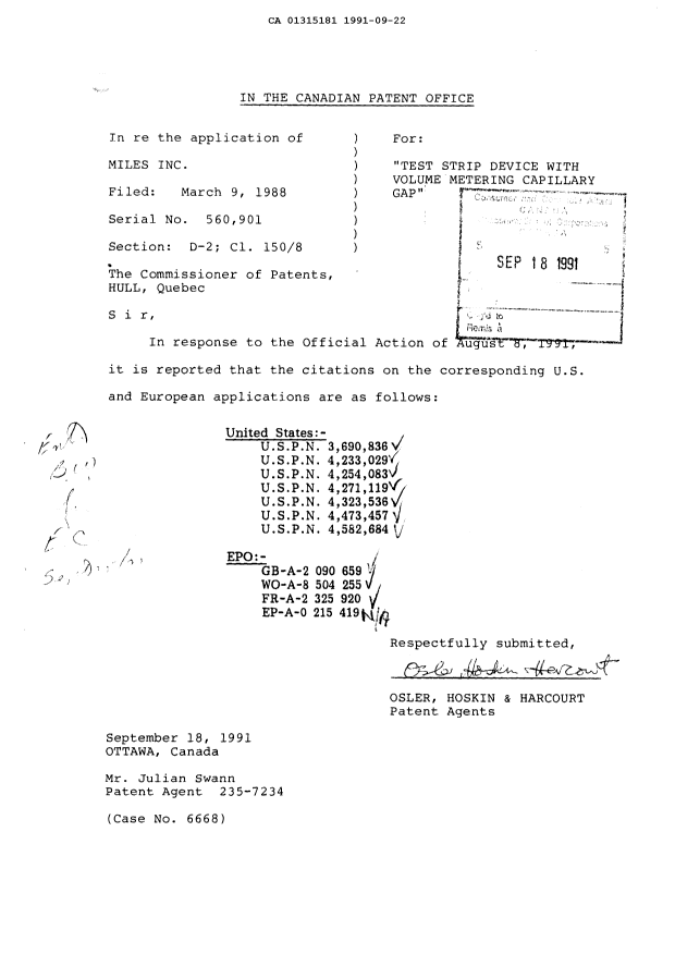 Document de brevet canadien 1315181. Correspondance 19910922. Image 1 de 1