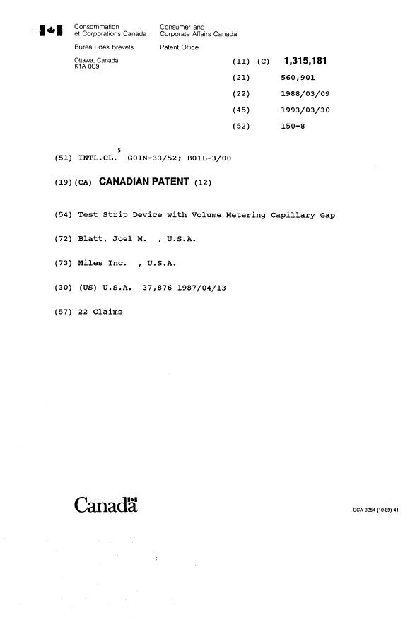 Document de brevet canadien 1315181. Page couverture 19931110. Image 1 de 1