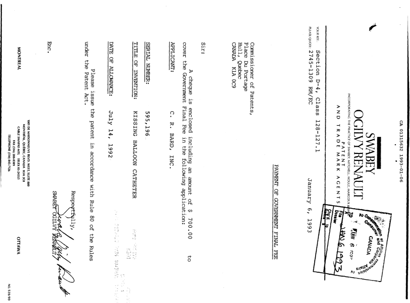Document de brevet canadien 1315632. Correspondance 19930106. Image 1 de 1