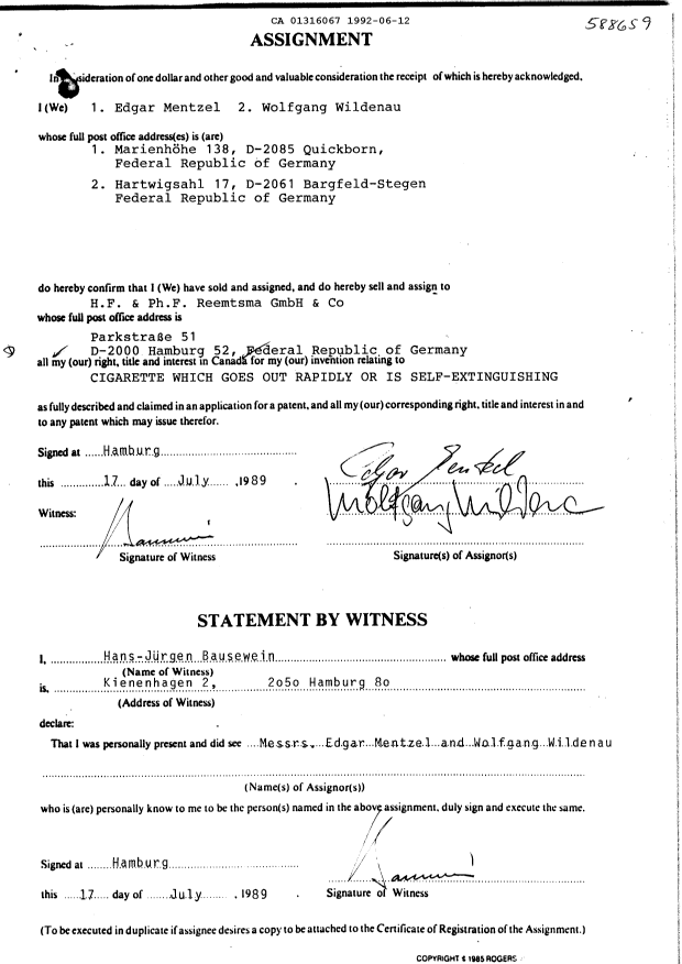 Document de brevet canadien 1316067. Cession 19920612. Image 2 de 2