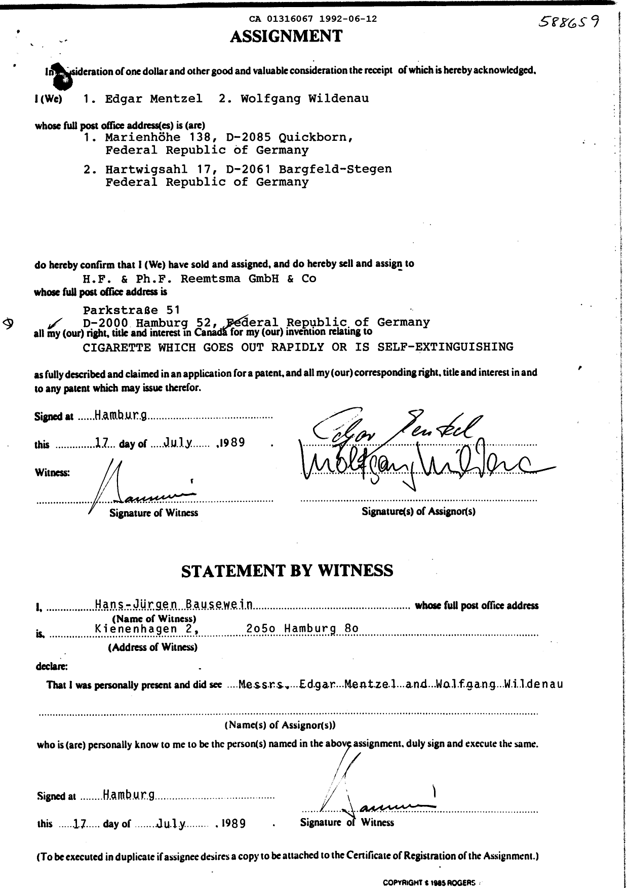 Canadian Patent Document 1316067. Assignment 19920612. Image 2 of 2