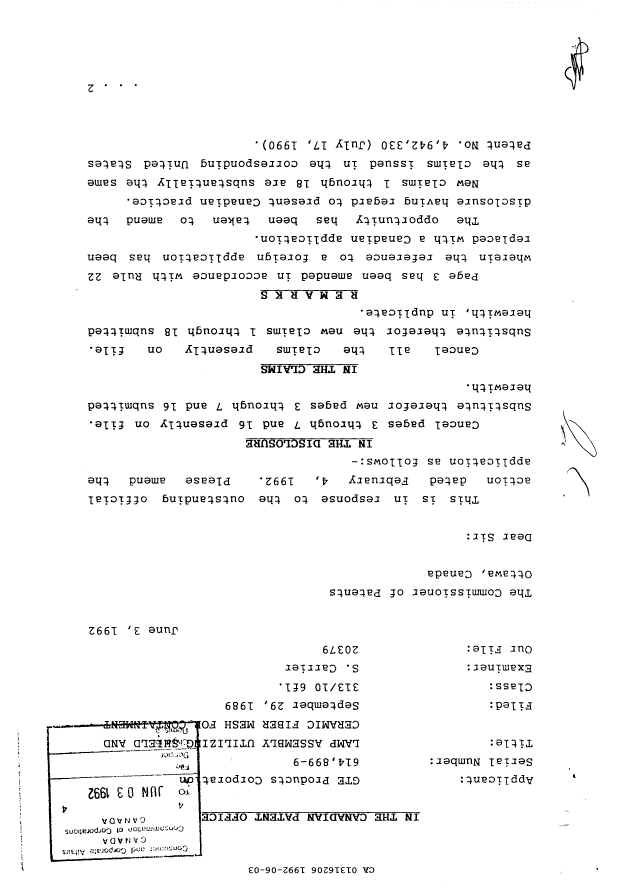 Canadian Patent Document 1316206. Prosecution-Amendment 19920603. Image 1 of 2