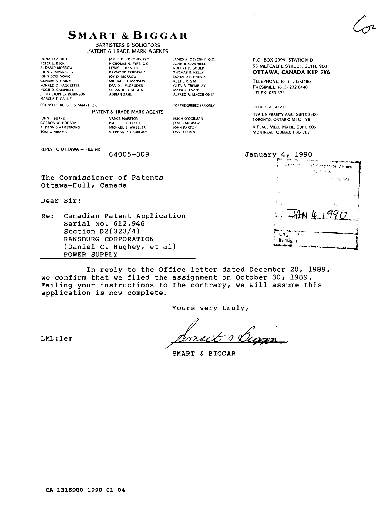 Document de brevet canadien 1316980. Correspondance reliée au PCT 19900104. Image 1 de 1