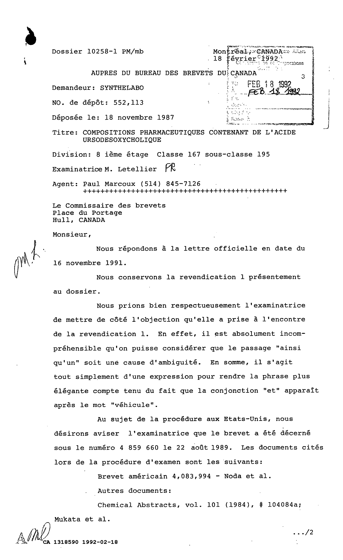 Document de brevet canadien 1318590. Correspondance de la poursuite 19920218. Image 1 de 3