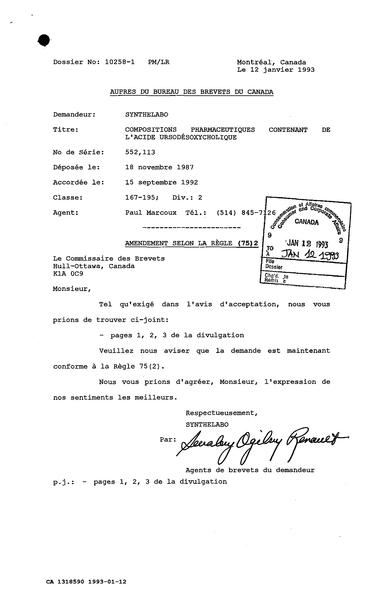 Document de brevet canadien 1318590. Correspondance de la poursuite 19930112. Image 1 de 1