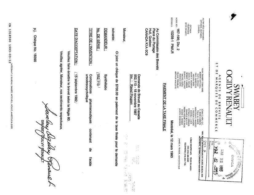 Document de brevet canadien 1318590. Correspondance reliée au PCT 19930312. Image 1 de 1