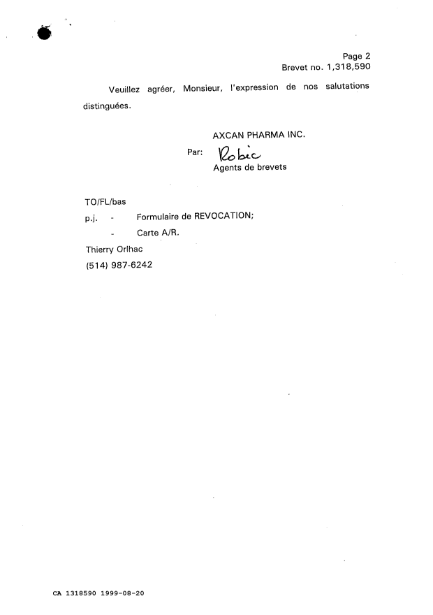 Document de brevet canadien 1318590. Correspondance reliée au PCT 19990820. Image 2 de 3