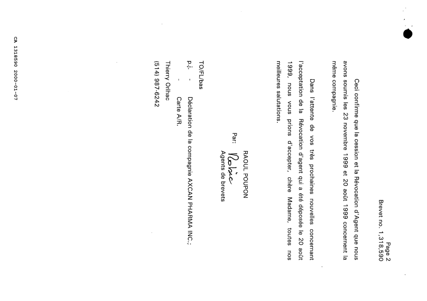 Document de brevet canadien 1318590. Correspondance reliée au PCT 20000107. Image 2 de 3