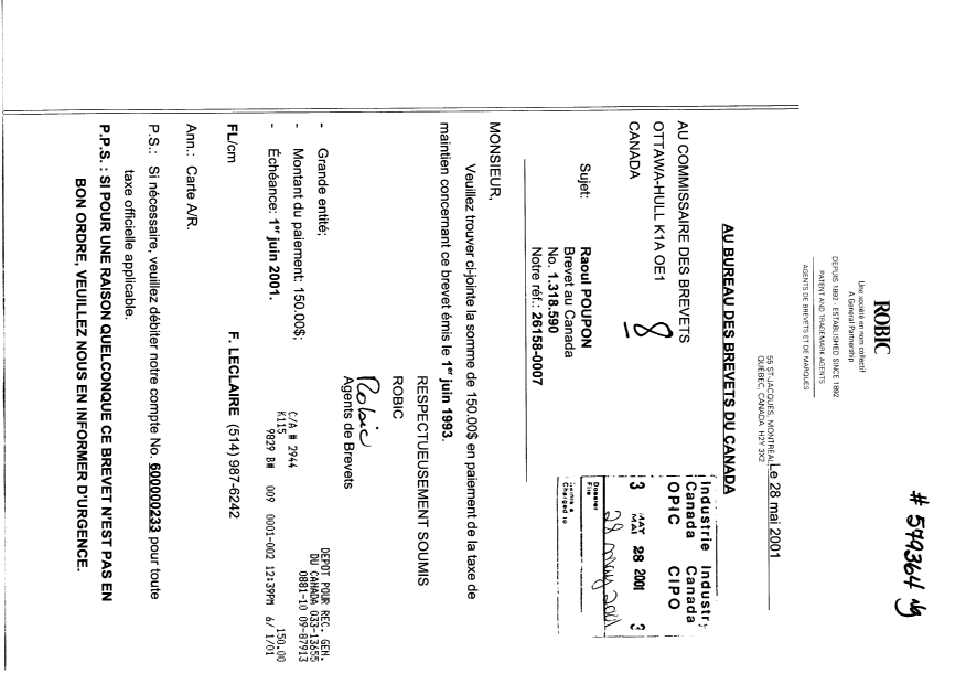 Document de brevet canadien 1318590. Taxes 20010528. Image 1 de 1