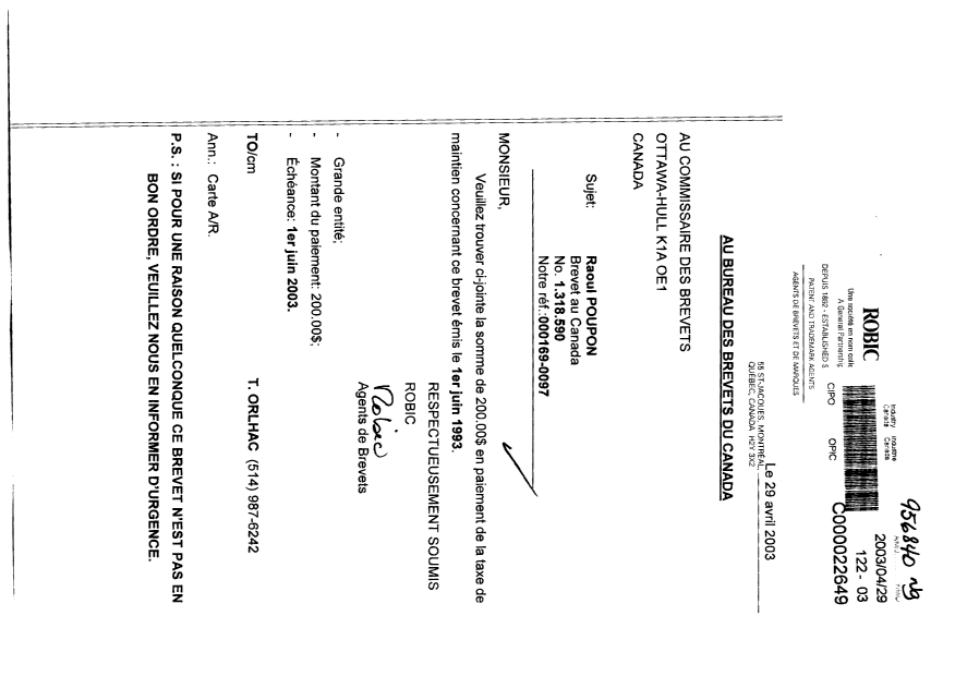 Document de brevet canadien 1318590. Taxes 20030429. Image 1 de 1