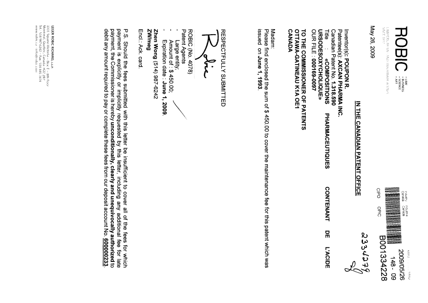 Document de brevet canadien 1318590. Taxes 20090526. Image 1 de 1