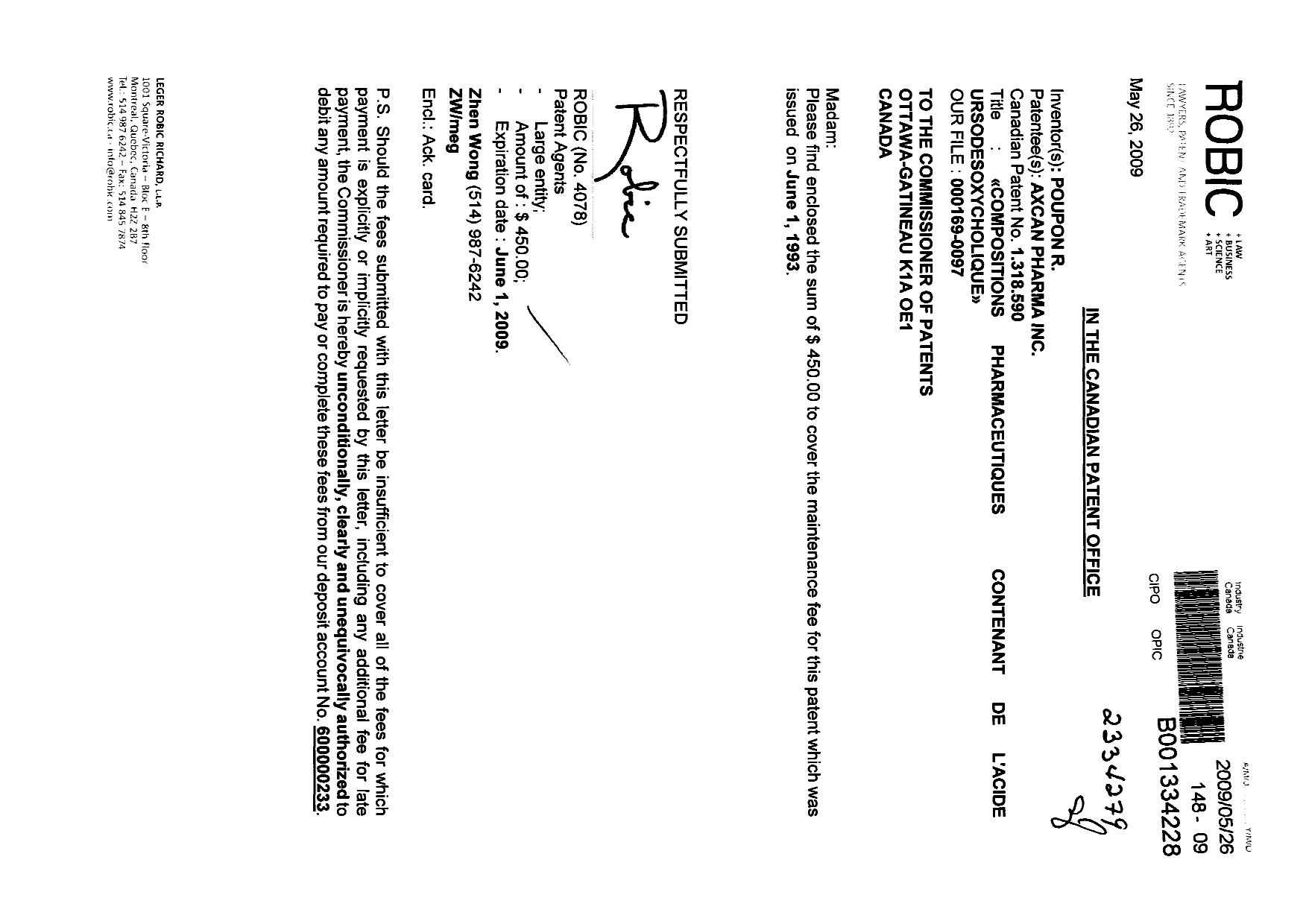 Canadian Patent Document 1318590. Fees 20090526. Image 1 of 1