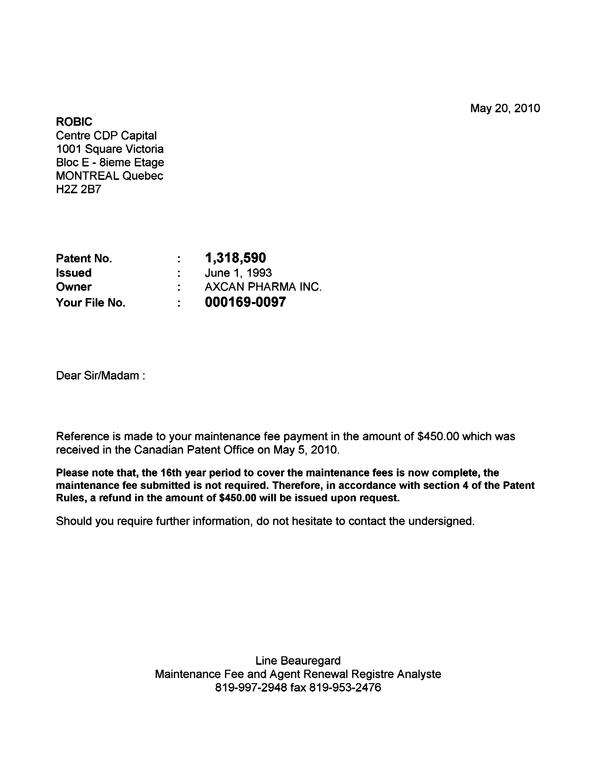 Document de brevet canadien 1318590. Correspondance 20100520. Image 1 de 1
