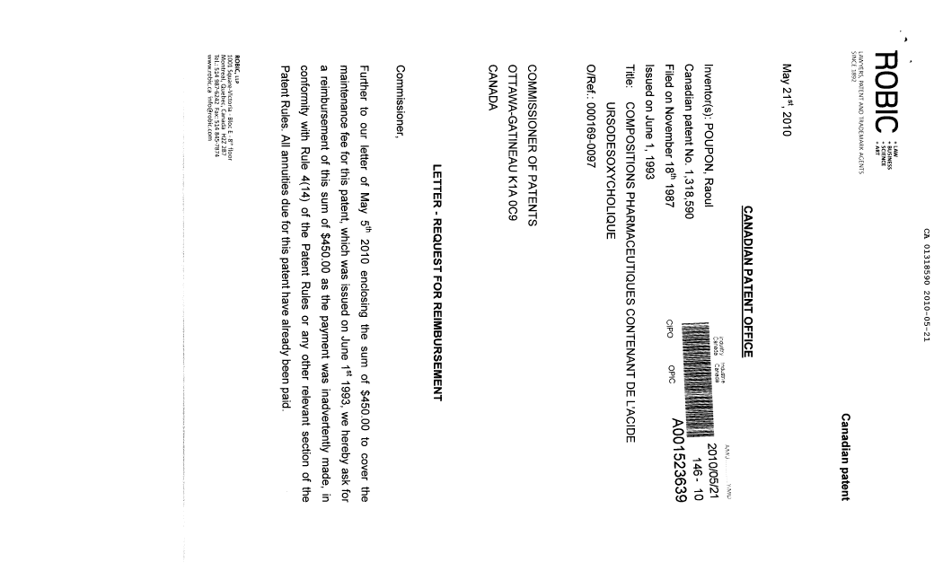 Document de brevet canadien 1318590. Correspondance 20100521. Image 1 de 3