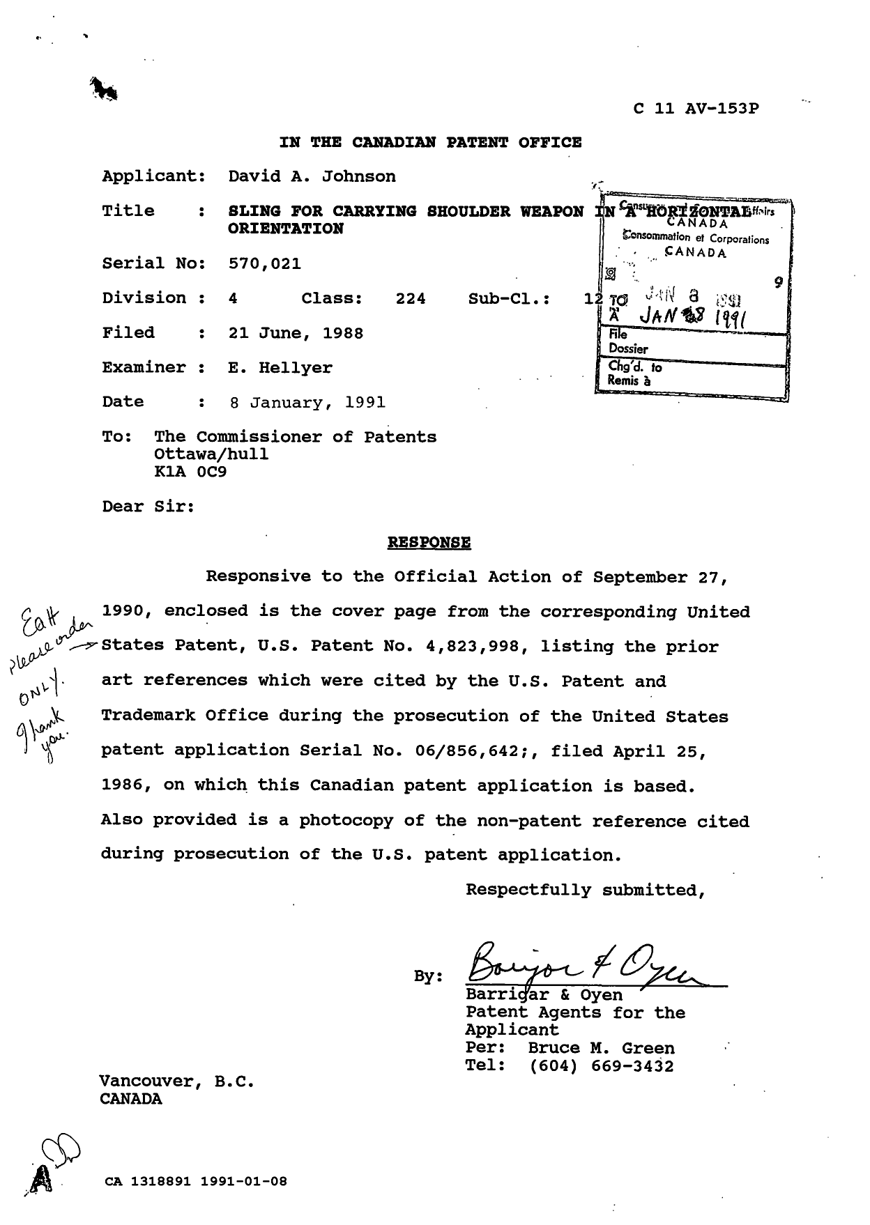 Document de brevet canadien 1318891. Correspondance de la poursuite 19910108. Image 1 de 2
