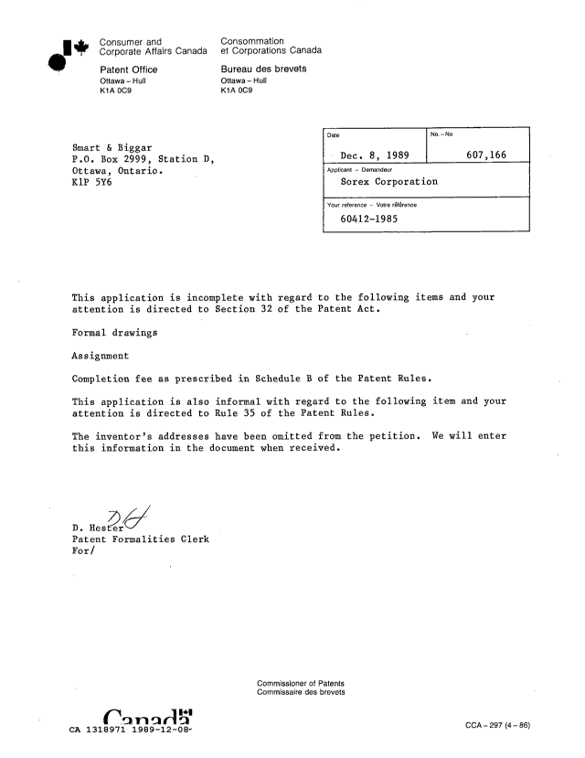 Document de brevet canadien 1318971. Lettre du bureau 19891208. Image 1 de 1