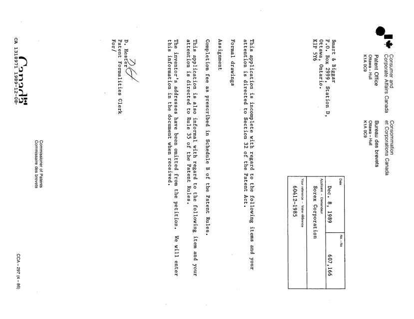 Document de brevet canadien 1318971. Lettre du bureau 19891208. Image 1 de 1