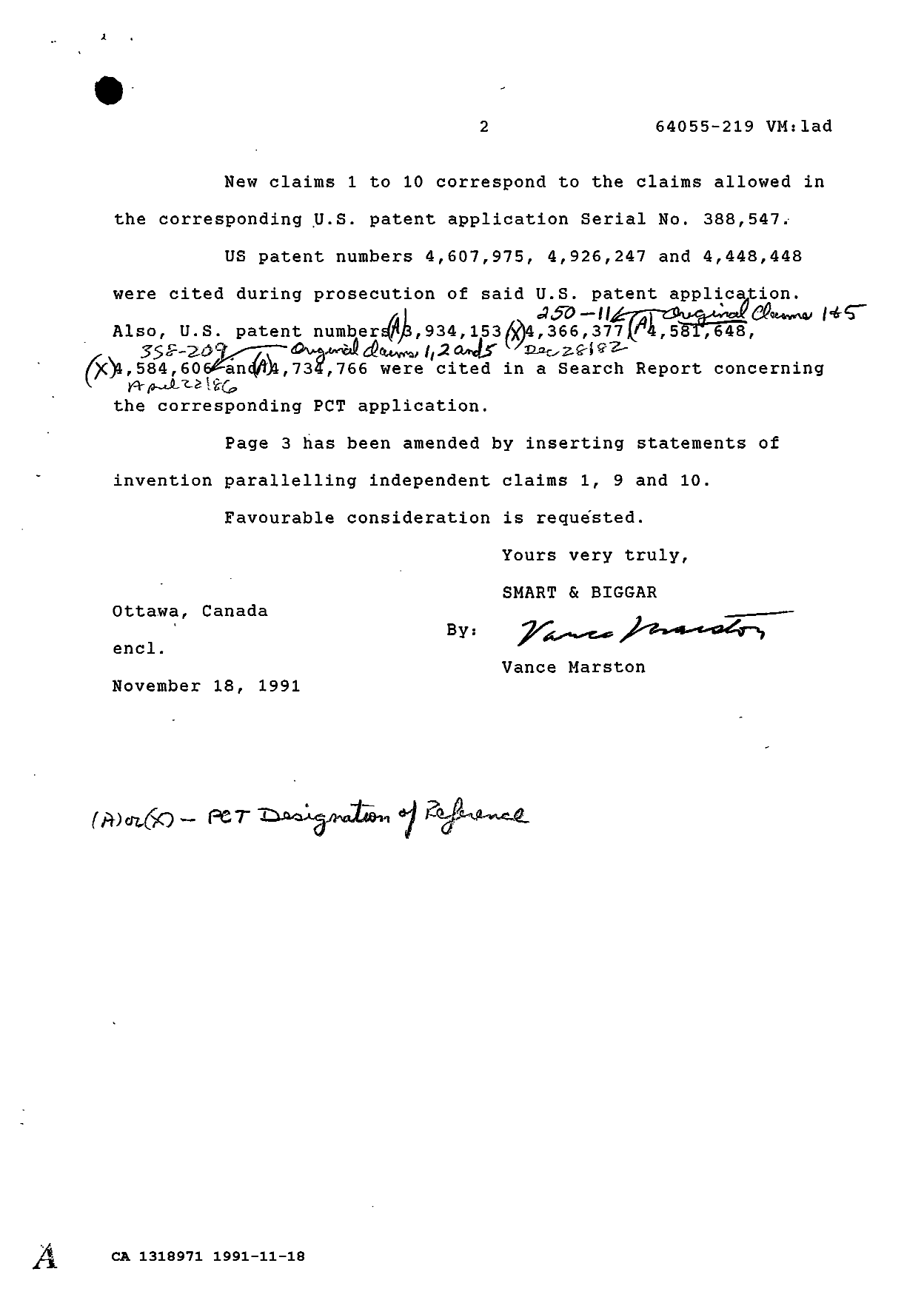 Canadian Patent Document 1318971. Prosecution Correspondence 19911118. Image 2 of 2