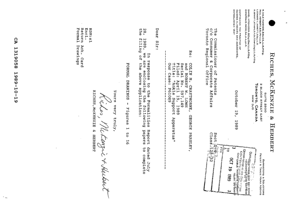 Document de brevet canadien 1319058. Correspondance de la poursuite 19891019. Image 1 de 1