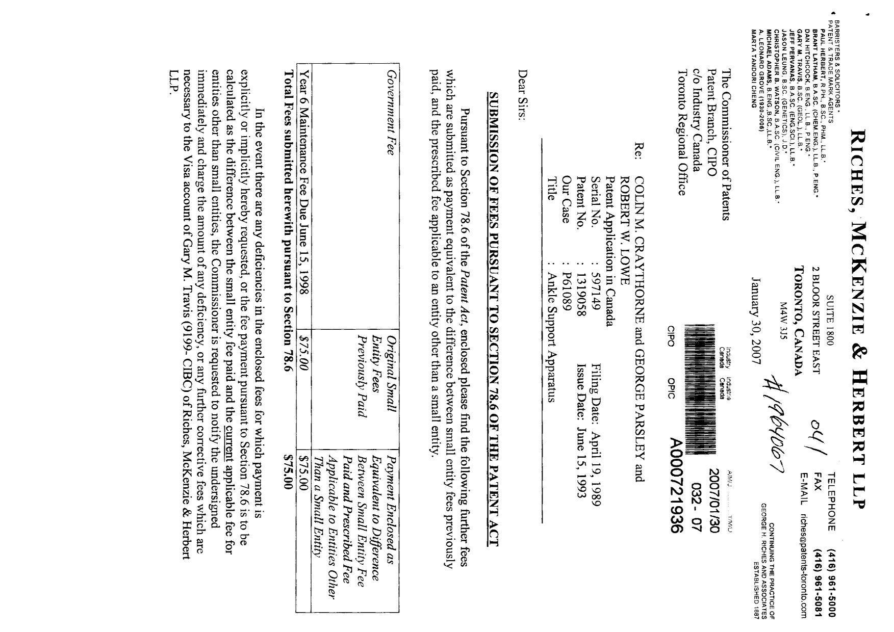 Canadian Patent Document 1319058. Prosecution-Amendment 20070130. Image 1 of 2