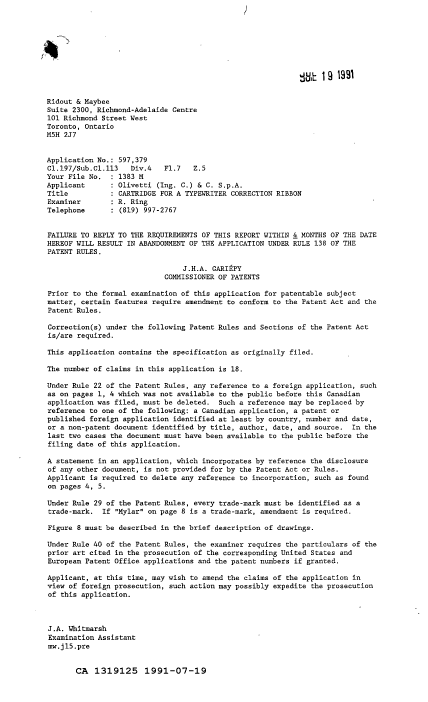 Document de brevet canadien 1319125. Demande d'examen 19910719. Image 1 de 1