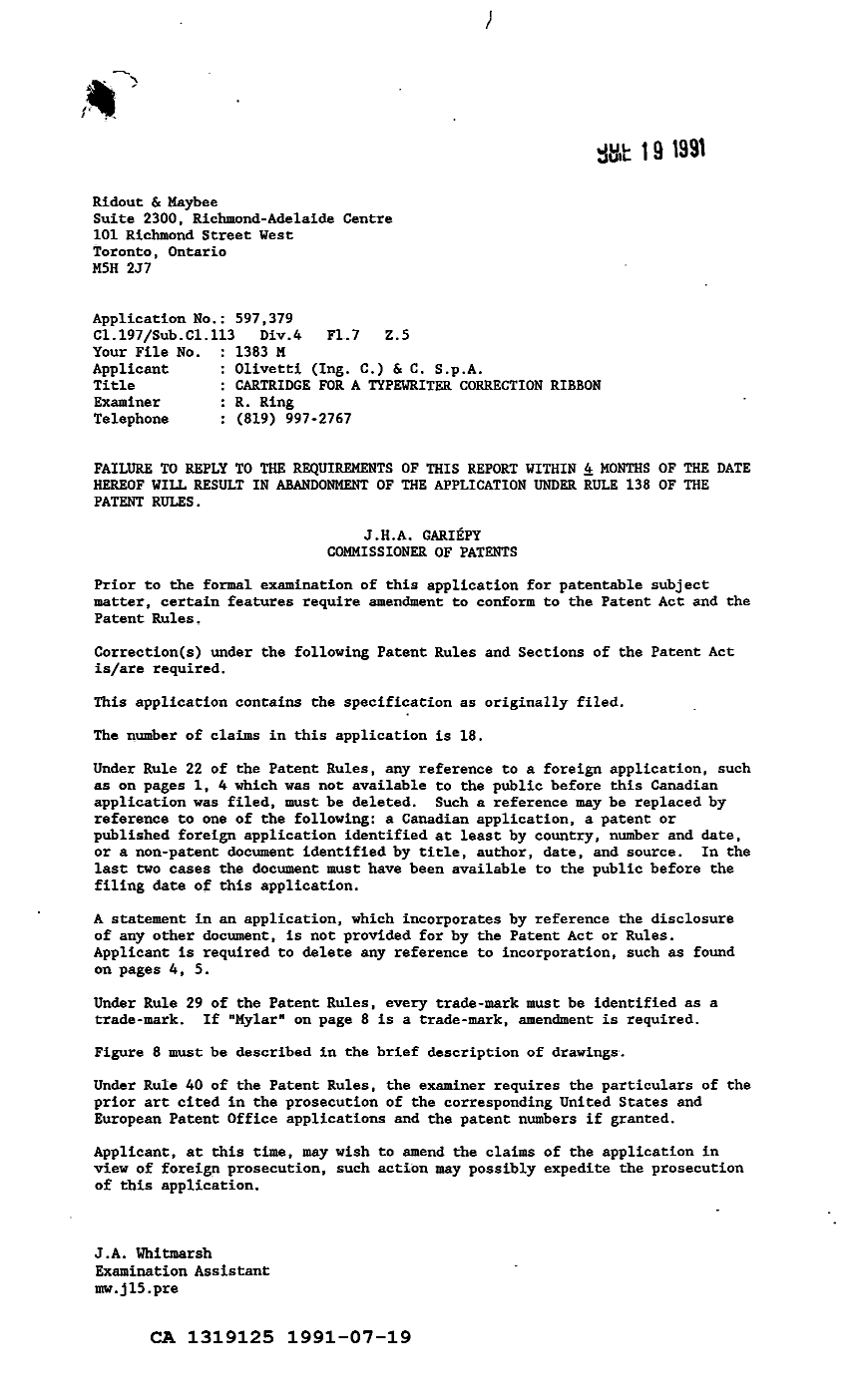 Canadian Patent Document 1319125. Examiner Requisition 19910719. Image 1 of 1