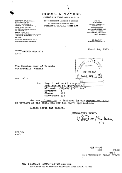 Document de brevet canadien 1319125. Correspondance reliée au PCT 19930324. Image 1 de 1