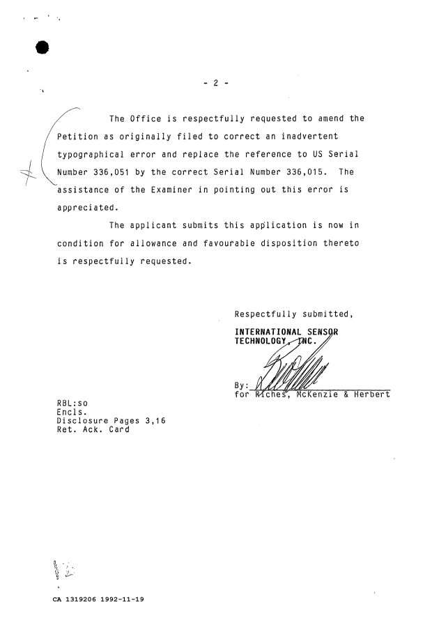 Document de brevet canadien 1319206. Correspondance de la poursuite 19921119. Image 2 de 2