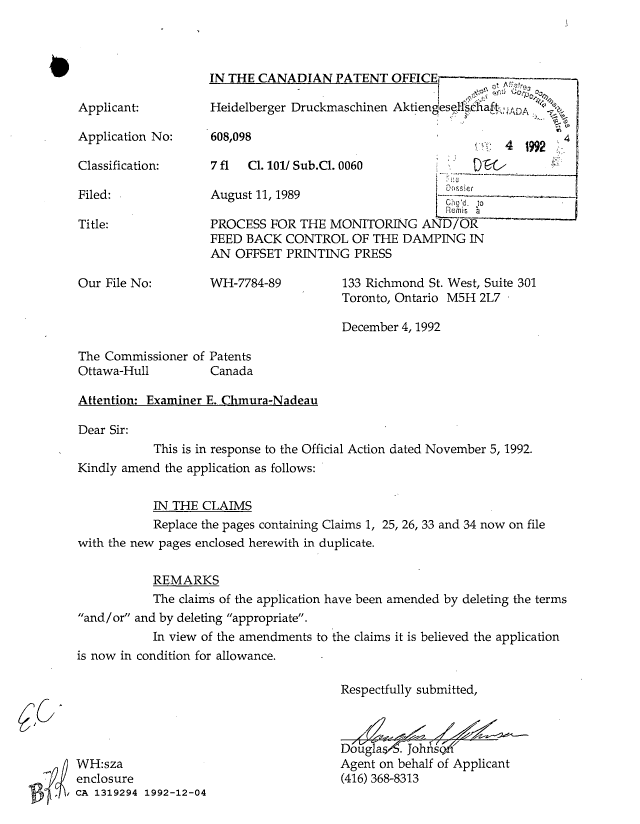 Document de brevet canadien 1319294. Correspondance de la poursuite 19921204. Image 1 de 1