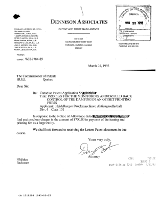 Document de brevet canadien 1319294. Correspondance reliée au PCT 19930325. Image 1 de 1