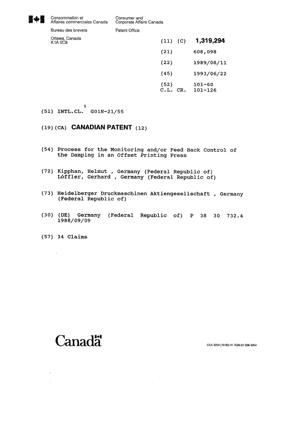 Document de brevet canadien 1319294. Page couverture 19931117. Image 1 de 1
