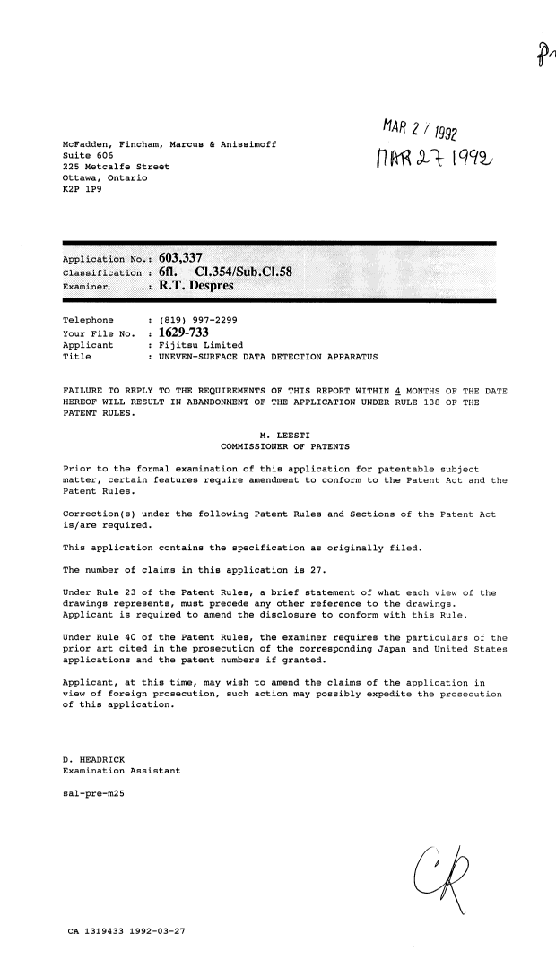 Canadian Patent Document 1319433. Examiner Requisition 19920327. Image 1 of 1