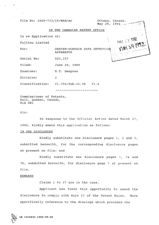 Document de brevet canadien 1319433. Correspondance de la poursuite 19920529. Image 1 de 2