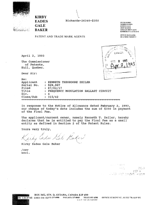 Document de brevet canadien 1319735. Correspondance reliée au PCT 19930402. Image 1 de 1