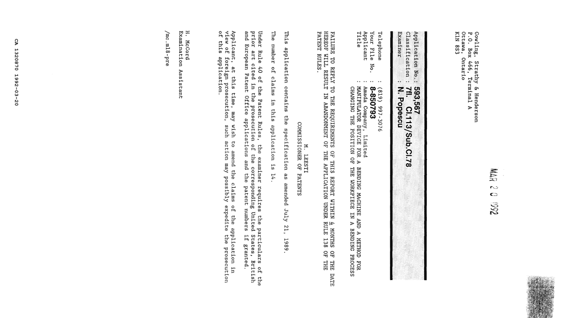Document de brevet canadien 1320870. Demande d'examen 19920320. Image 1 de 1