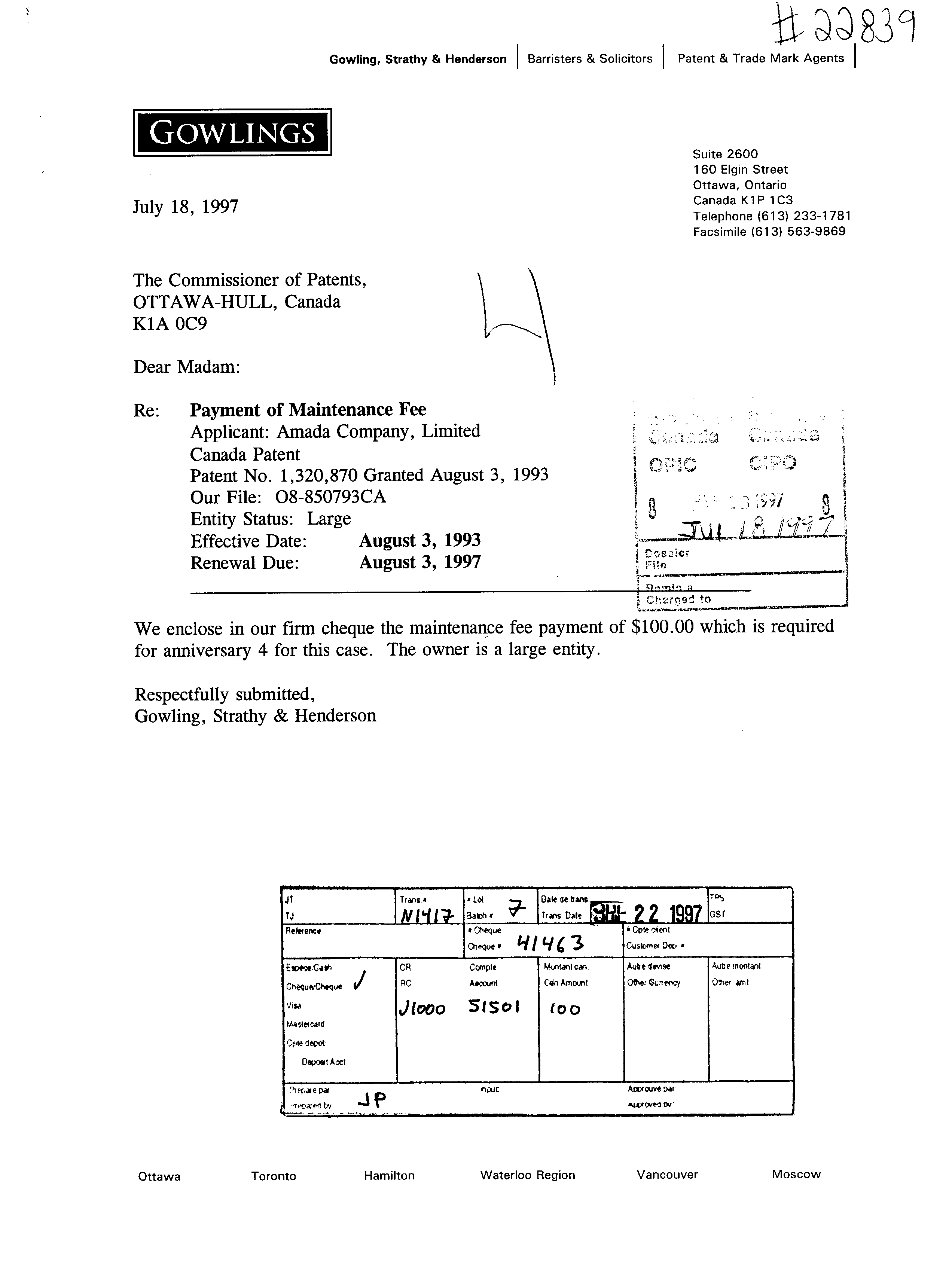 Canadian Patent Document 1320870. Fees 19970718. Image 1 of 1