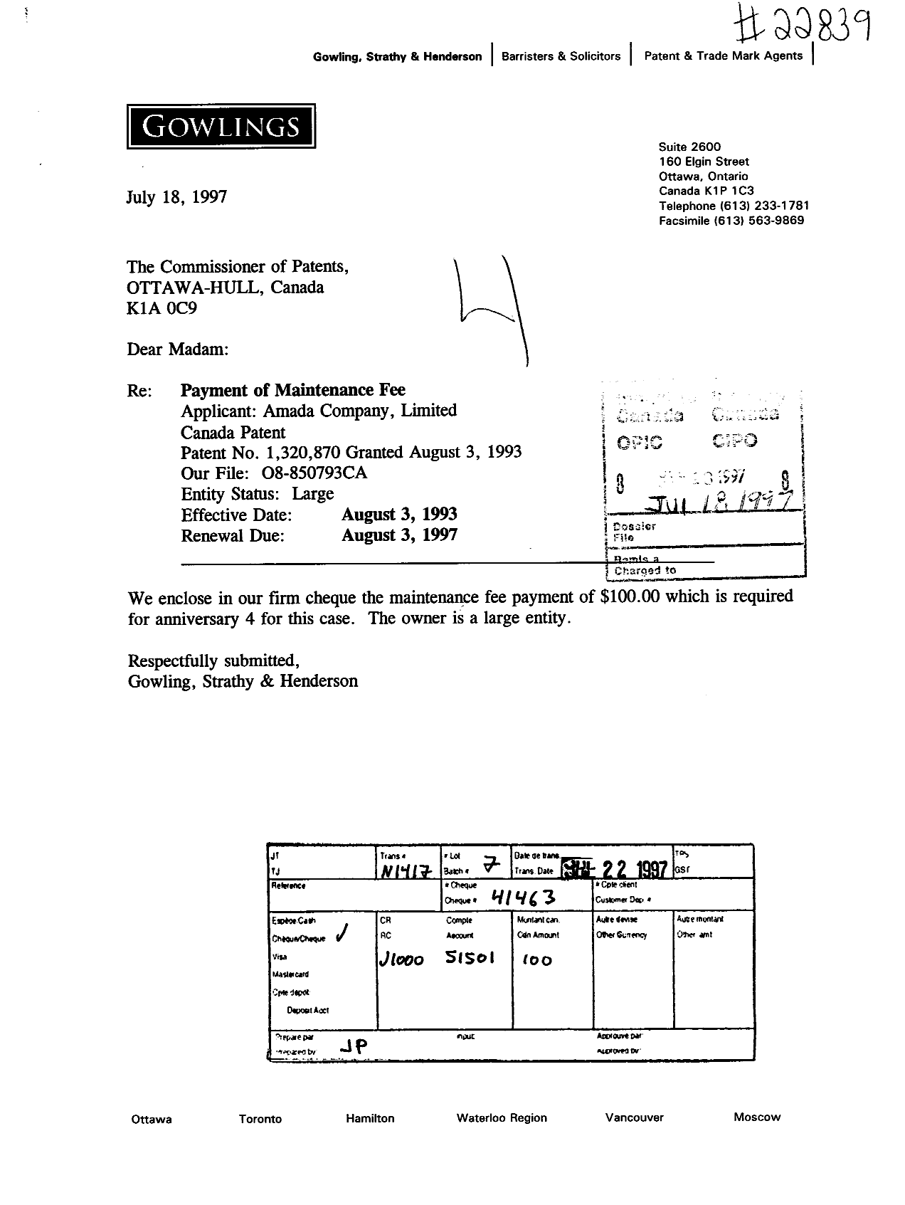 Document de brevet canadien 1320870. Taxes 19970718. Image 1 de 1